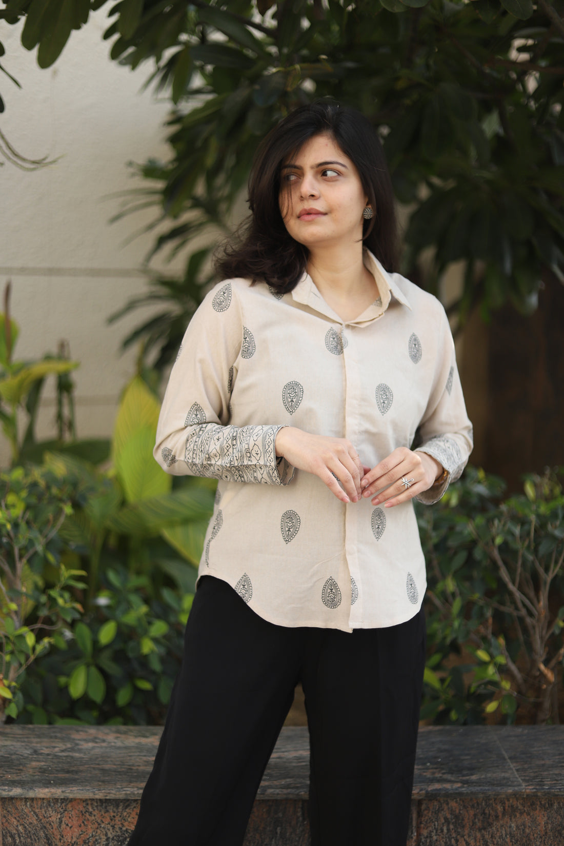 Ivory Block Print Cotton Shirt