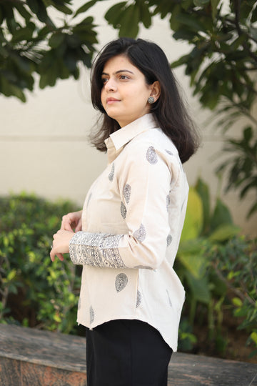 Ivory Block Print Cotton Shirt