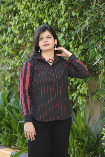 Black Red Striped with Crochet Lace Shirt